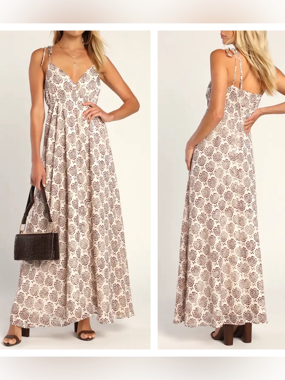 Lulus Perfect Patterns Cream & Brown Abstract Print Tie-Strap Maxi Dress Small